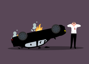 car accident, car wreck, car crash, accident, burning car, vehicle, crash, broken, damage, injured, injury, cry, pain, insurance, man, cartoon