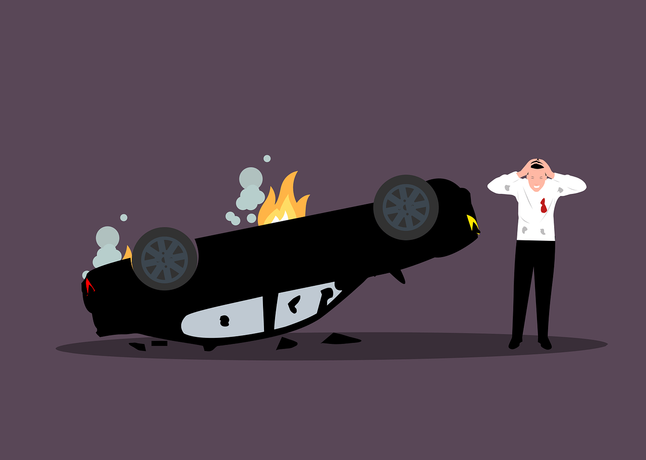 car accident, car wreck, car crash, accident, burning car, vehicle, crash, broken, damage, injured, injury, cry, pain, insurance, man, cartoon